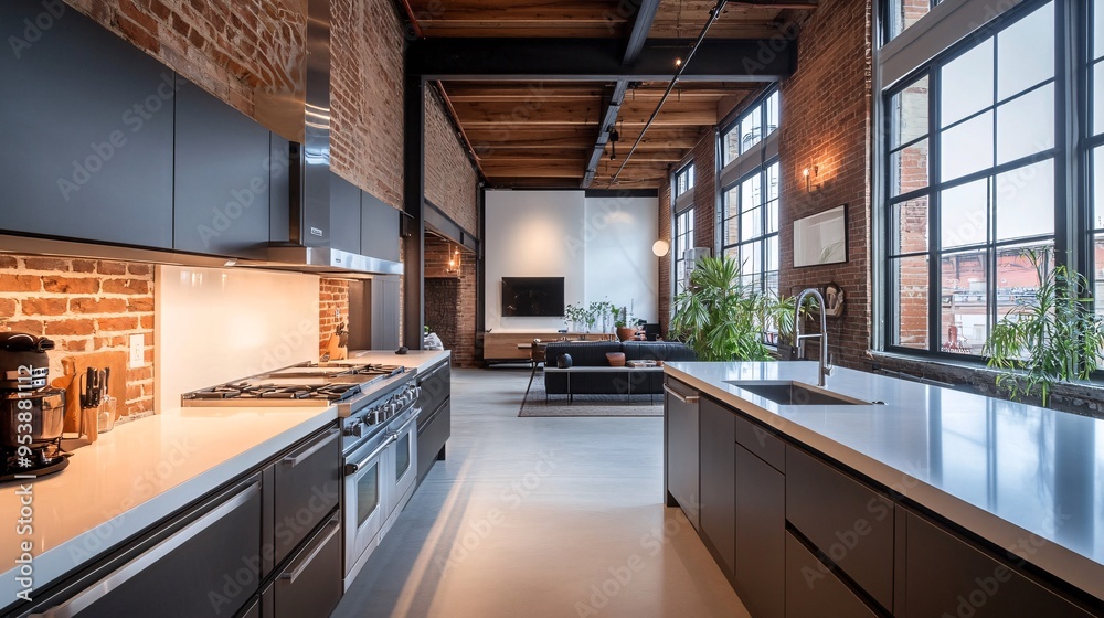 Wall mural Modern kitchen with sleek appliances, minimalist design, and an open-plan layout in a contemporary loft