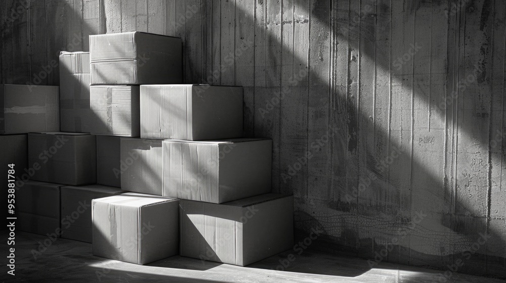 Wall mural A stack of cardboard boxes is sitting in a room with a wall. The boxes are piled on top of each other, and the room is dimly lit. Scene is somewhat somber