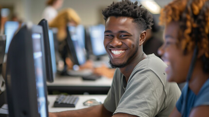 Fototapeta premium Smiling student developing entrepreneurial skills in a classroom setting