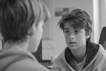 Two boys are talking to each other in a classroom. One of them is wearing a hoodie