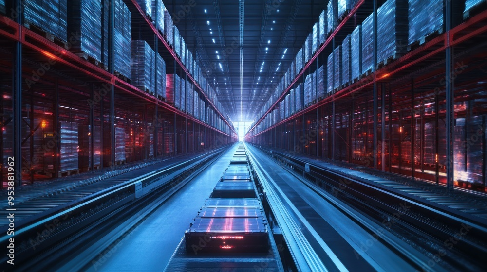 Poster automated conveyor system in a modern warehouse