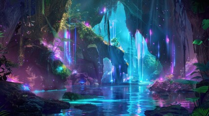 Mystical Cave with Glowing Water and Purple Lights