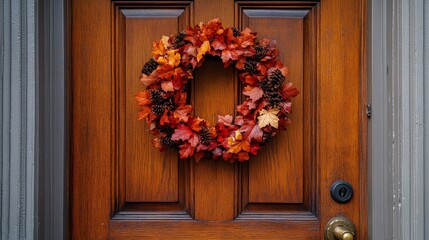 Vibrant Autumn Wreath on Wooden Door