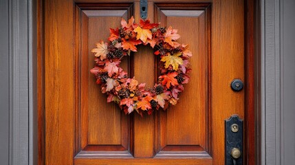 Vibrant Autumn Wreath on Wooden Door