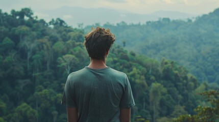 Naklejka premium A man is standing in a forest, looking out over the mountains. The scene is peaceful and serene, with the man taking in the beauty of nature