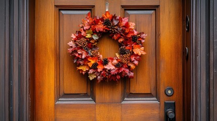 Vibrant Autumn Wreath on Wooden Door