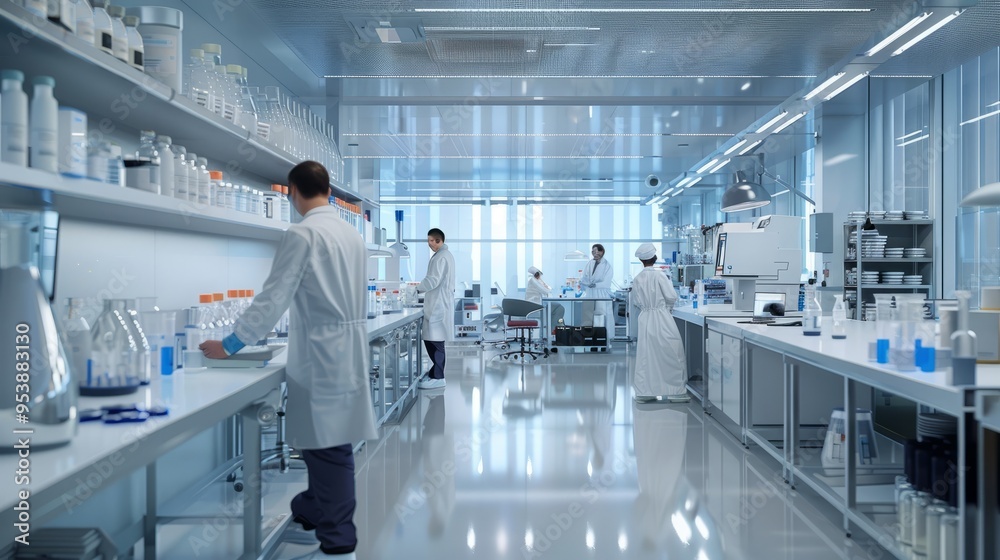 Poster a group of scientists are working in a lab