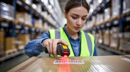Warehouse Worker, A Young Woman In A Reflective Vest, Holding A Handheld Scannerand Scanning A Barcode On A Large Cardboard Package