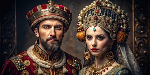 Fototapeta premium A Male And Female Wearing Elaborate Attire And Accessories, Symbolizing Royalty And Prestige.