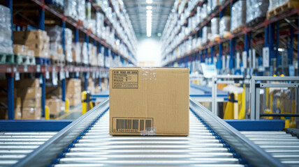 Single Cardboard Package Moving Along A Conveyor Belt In A Bustling Warehouse. The Package Has A Detailed Shipping Label And Barcode