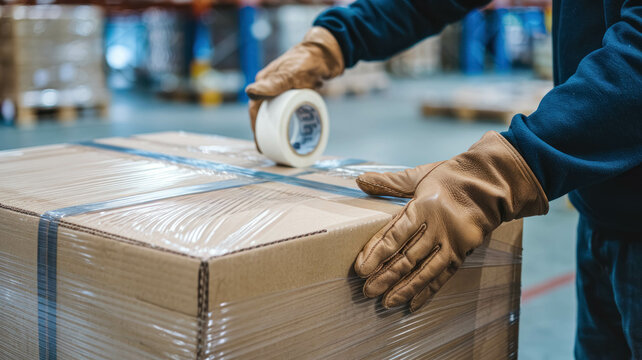 Warehouse Worker's Hands Wrapping A Large Cardboard Package With Plastic Wrap, E-commerce Industry
