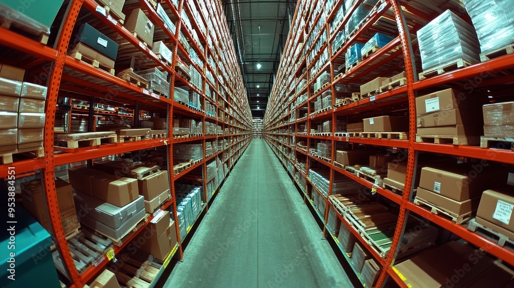 Poster rows of stacked boxes in a warehouse aisle