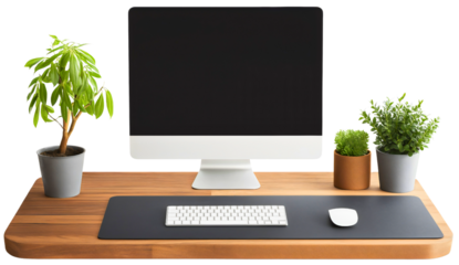 Workspace, a clean and minimalist wooden desk table isolated, simple modern office design with monitor keyboard and mouse, perfect for productivity and business