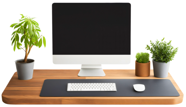 Workspace, a clean and minimalist wooden desk table isolated, simple modern office design with monitor keyboard and mouse, perfect for productivity and business
