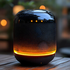 Black Cylindrical Speaker with Orange LED Lights - Realistic Product Photo
