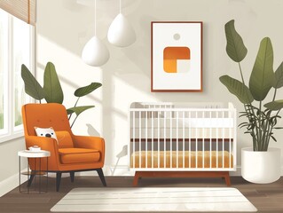 Modern nursery interior with white crib, orange armchair, and leafy plants. Sunlight streams through the window.