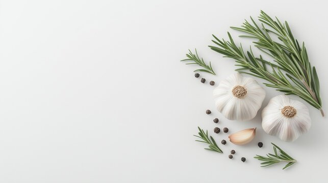 Garlic bulbs, garlic cloves, rosemary, thyme, and various spices on a white background.