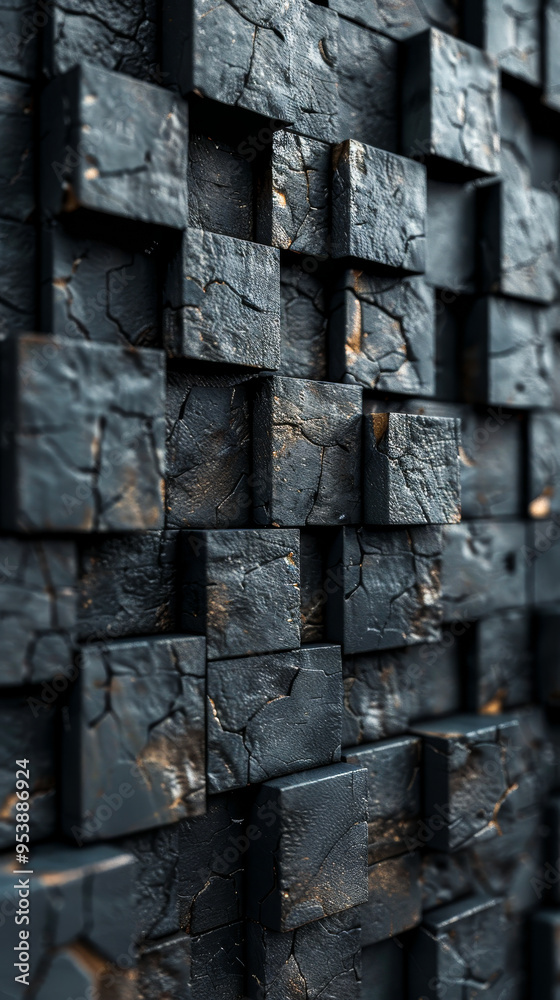Poster futuristic high tech 3d cube wall pattern with dark background and offset square block structure, de