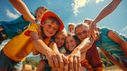 A group of joyful children show unity and friendship while playing together outdoors in a sunny camp environment