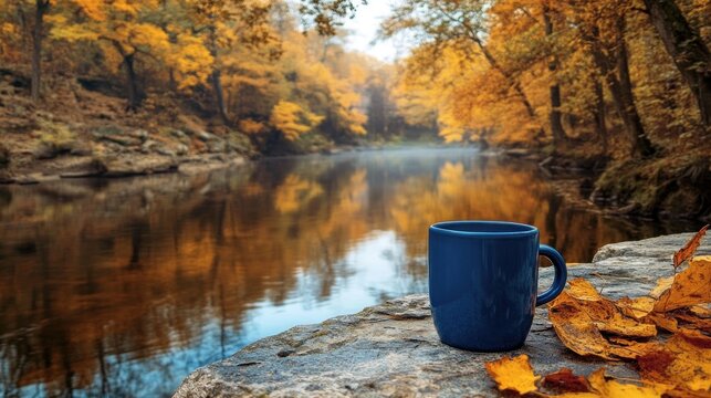 Autumn River Landscape with a Blue Cup