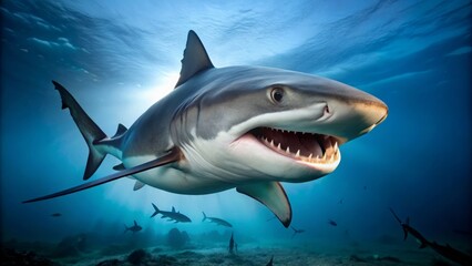 Obraz premium A menacing bull shark's jagged teeth-filled mouth is exposed in a powerful jaws-open pose, showcasing its apex predator