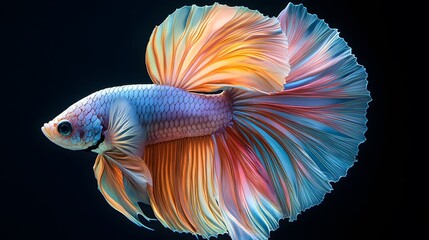 Fototapeta premium Colorful betta fish in vibrant red and orange hues against a dark aquatic background
