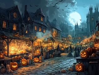 Eerie Halloween market scene with glowing pumpkins, mist, and dark buildings under a full moon. Perfect for festive themes.