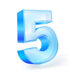 Number 5 Color and material of blue clear glass. Vector illustration for advertising for graphic designers. Isolated on white background.