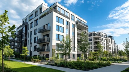 Modern Apartment Building Complex with Lush Greenery