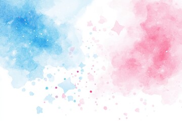 Abstract watercolor painting with blue and pink splashes and star shapes on a white background.