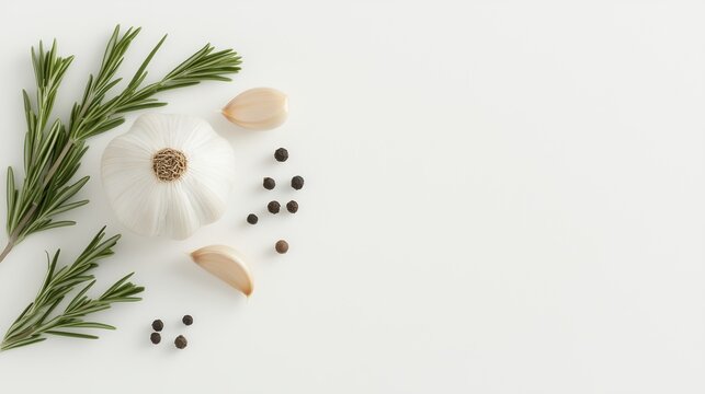 Garlic bulbs, garlic cloves, rosemary, thyme, and various spices on a white background.