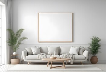Mock up poster frame in modern interior background, living room, Scandinavian style, 3D render, 3D illustration
