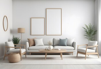 Mock up poster frame in modern interior background, living room, Scandinavian style, 3D render, 3D illustration
