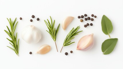 Garlic bulbs, garlic cloves, rosemary, thyme, and various spices on a white background.