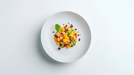 Fototapeta premium A gourmet dish presented on a clean white background in a minimalist style
