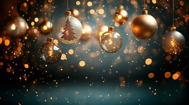 Christmas background with hanging gold and transparent baubles.  Space for text. 