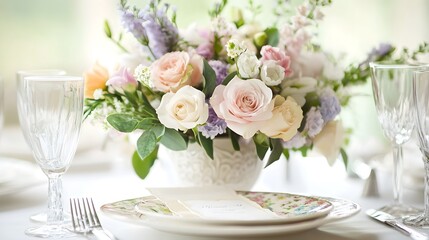 Elegant table setting for Mother's Day dinner featuring soft pastel colors and floral arrangements