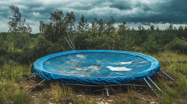 Broken Trampoline. Twisted and Mangled After Storm and Tornado