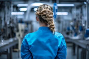 Fototapeta premium Back view of a female technician in a blue shirt working in a factory