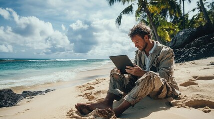 Desert Island Computer. Castaway Businessman Uses Tablet on Tropical Beach