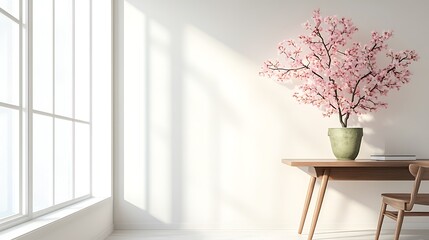 White Room with Cherry Blossom Tree, Table, and Chair