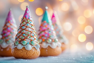Holiday Cookie Exchange. Closeup of Baked Gingerbread Cookies with Painted Cones on Bokeh Christmas Background