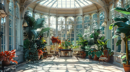 A victorian conservatory, where exotic plants from around the world thrive in a glass-domed structure. Victorian-era furniture and ornate ironwork complement the lush greenery. Generative AI.