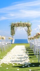 Fototapeta premium A serene outdoor wedding setup with white chairs and floral decorations under a clear blue sky, highlighting a light solid color theme