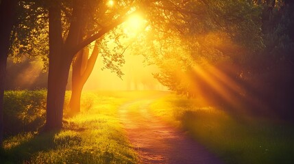 A serene landscape with a sunrise illuminating a path through a forest, symbolizing new beginnings and hope