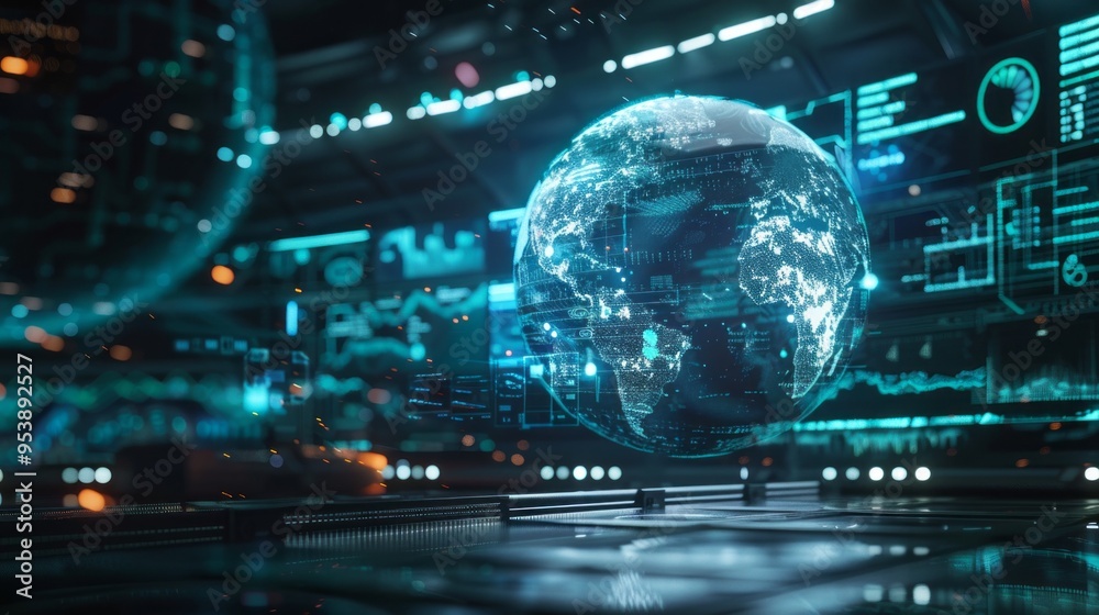 Poster A computer screen shows a globe with a blue and green color scheme