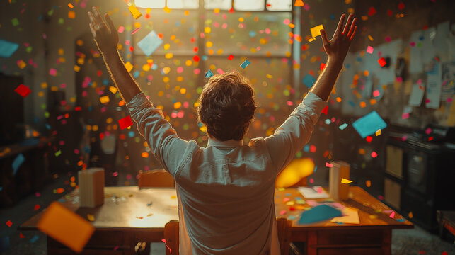 Ragazzo di spalle festeggia il suo successo con coriandoli in una festa in ufficio