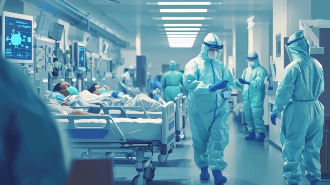 Healthcare Workers in Protective Gear at Busy Hospital During Pandemic