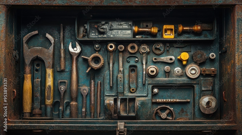 Aufkleber Rusty Metal Toolbox with Assorted Tools