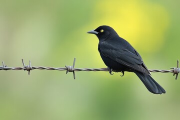 Fototapeta premium Brewers Blackbird - Vogel in Barbed Wire Habitat